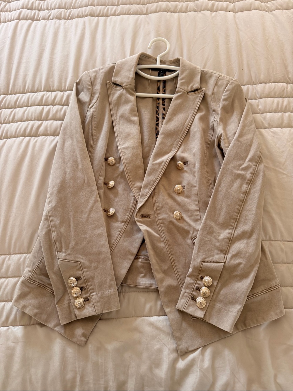 White House Black Market Double-Breasted Beige Blazer with Gold Buttons